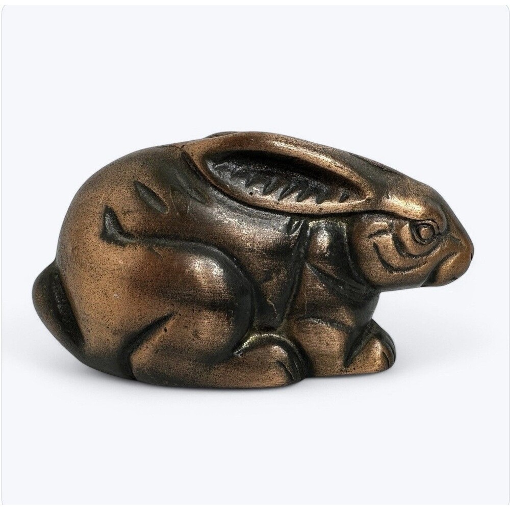 Vintage Cast Bronze Crouching Rabbit Paperweight 2" Bunny Figure